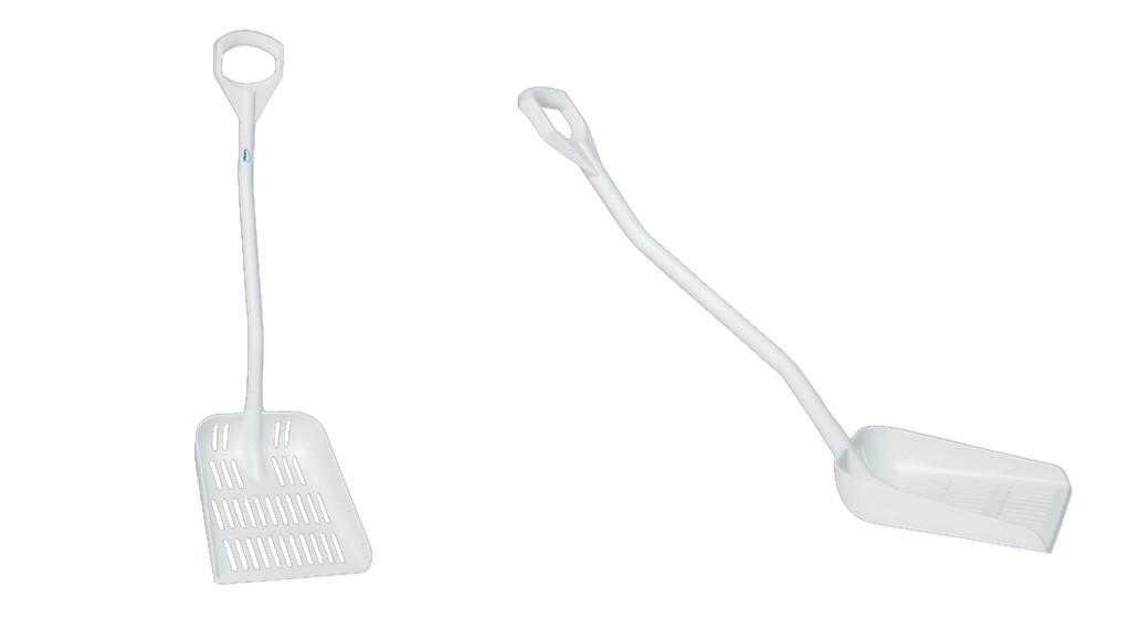 Ergonomic food-grade shovel with drain holes for sanitary processing
